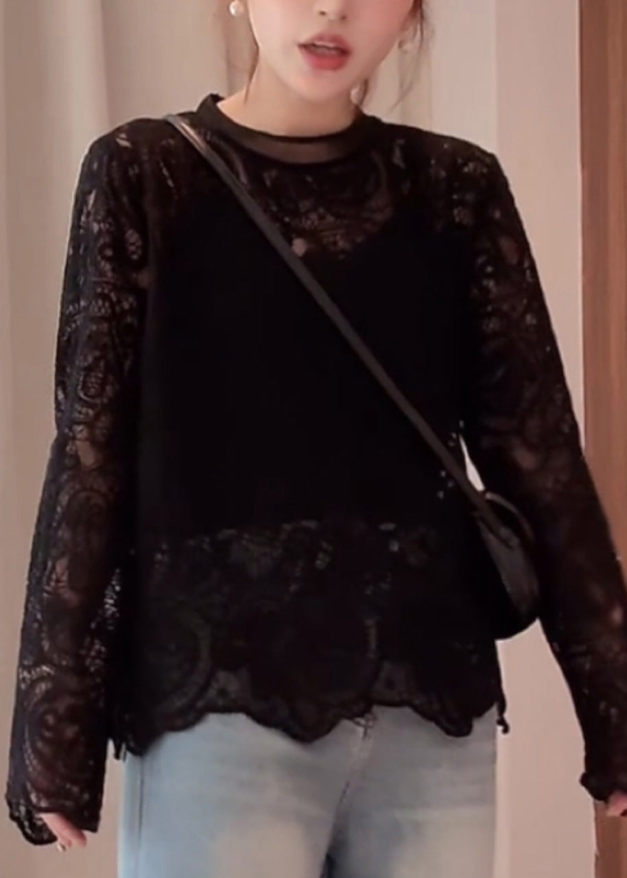 O-Ausschnitt Out Lace Hollow Beige Shirt T Frühling Bio