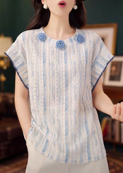 Organic Decorated Out Cotton Tanks Hollow Summer Blue Floral