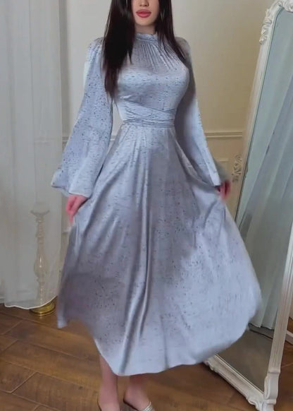 Robe longue en soie imprimée à lacets bleu biologique Automne QL035