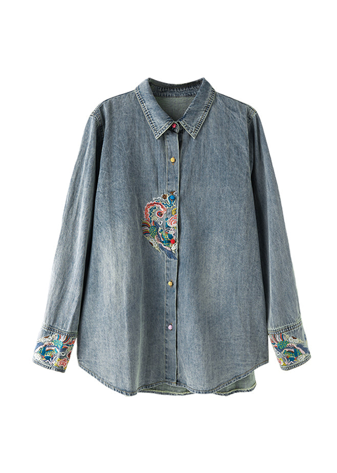 Organic Blue Peter Pan Collar Embroidered Denim Coat Top Fall AC1011