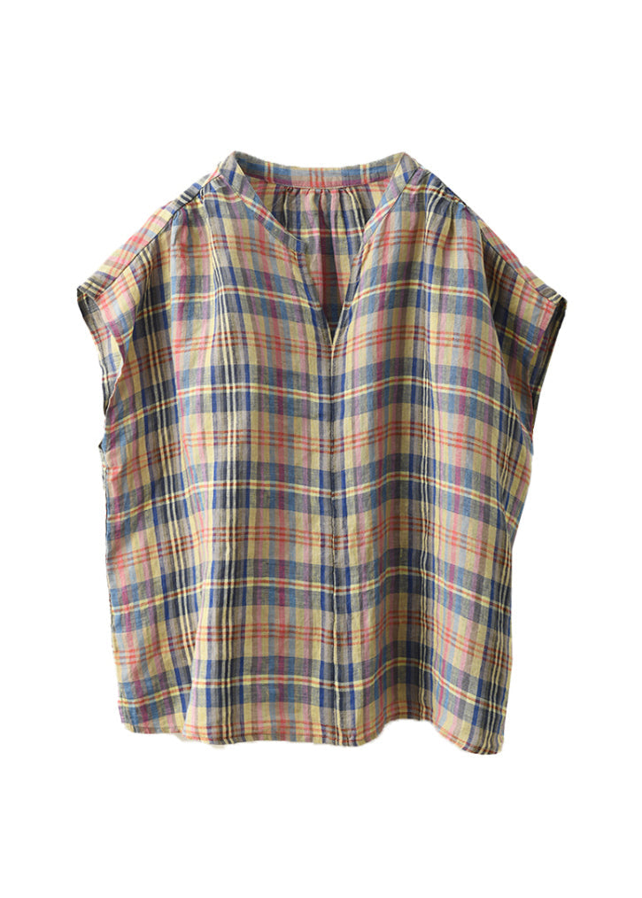 Shirt Blue Striped Linen Summer Top Neck V Organic