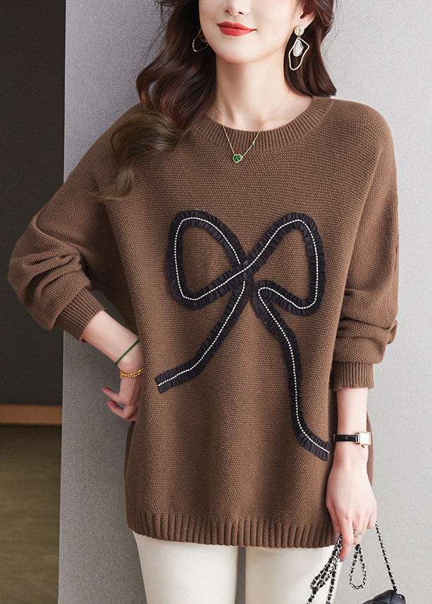 Bio-Kaffee O-Ausschnitt Patchwork Wollstrickpullover Winter RL033