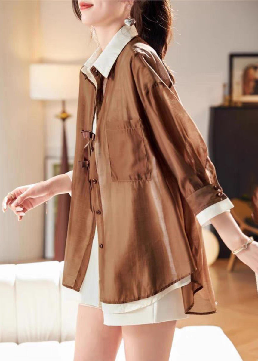 Chemise deux pièces en faux patchwork en mousseline de soie biologique Spring Coffee