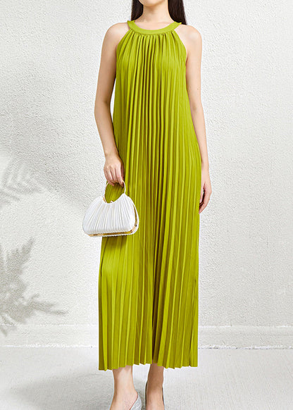 Grünes, faltiges Neckholderkleid mit langen Taschen, ärmellos, Bio