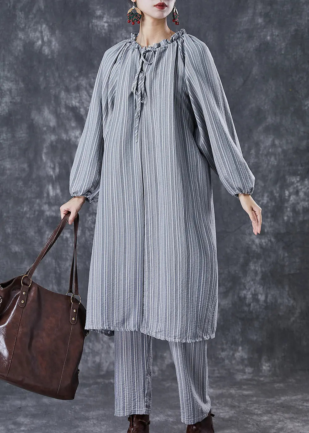 Organic Grey Ruffled Striped Cotton Dress Two Piece Suit Set Fall Ada Fashion