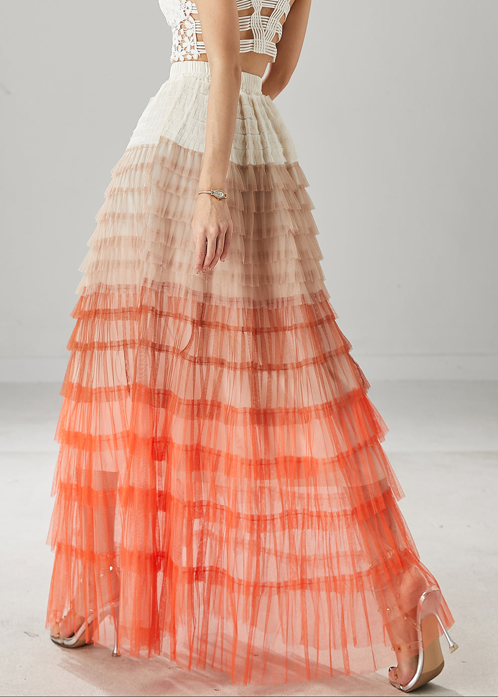 Organic Orange Ruffled Patchwork Tulle Skirts Summer YU1027
