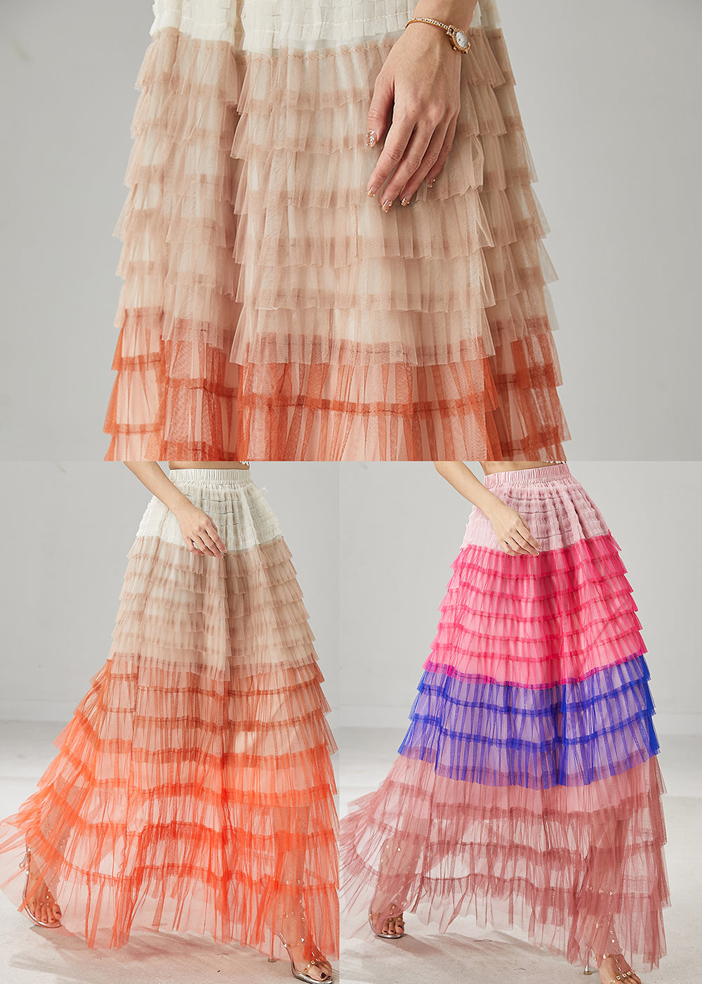 Organic Orange Ruffled Patchwork Tulle Skirts Summer YU1027