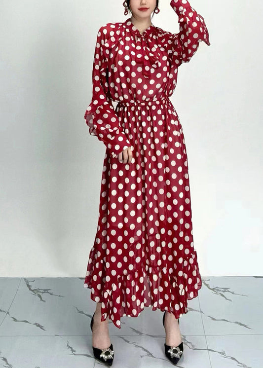 Organic Red Dot Print Ruffled Chiffon Dresses Long Sleeve AY1020