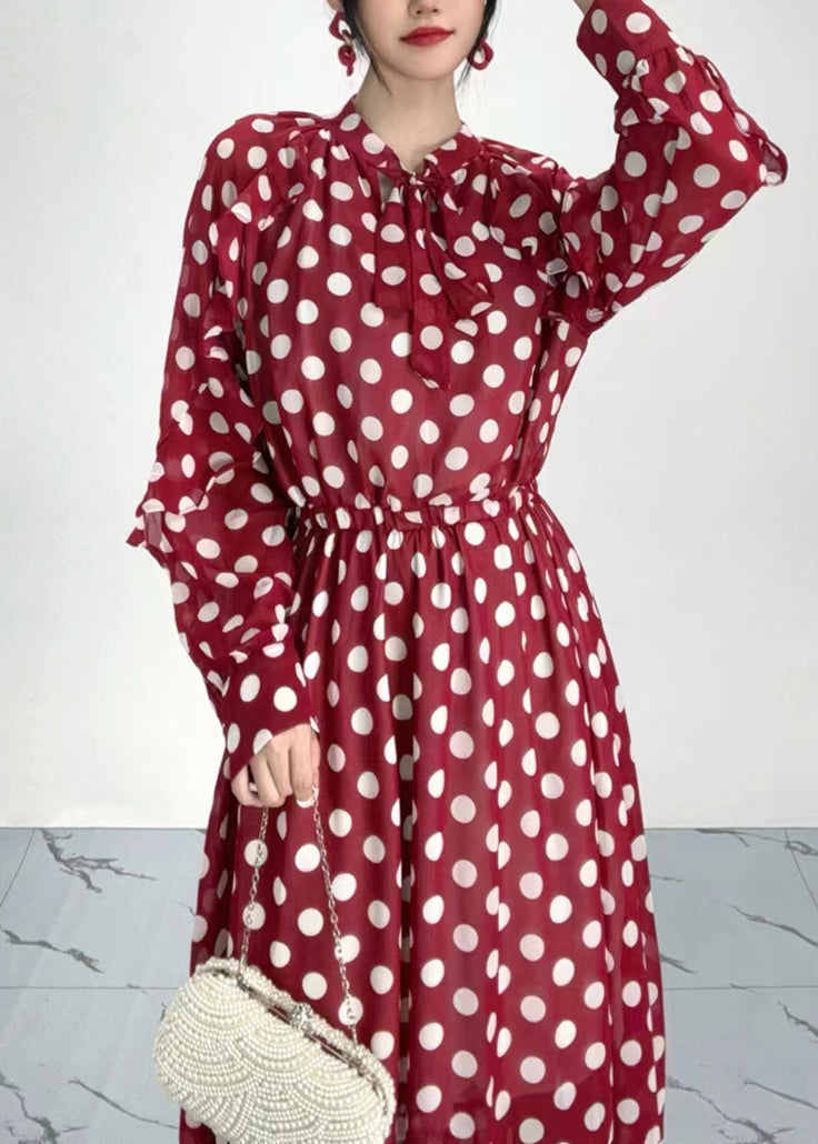 Organic Red Dot Print Ruffled Chiffon Dresses Long Sleeve AY1020