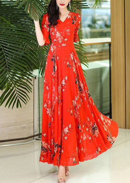 Neck Wrinkled Rose Print Dresses Organic Chiffon Summer Maxi V