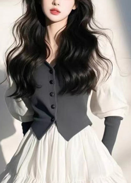 Ärmel Puff Bio Weiß Mid Button V Kleid Hals