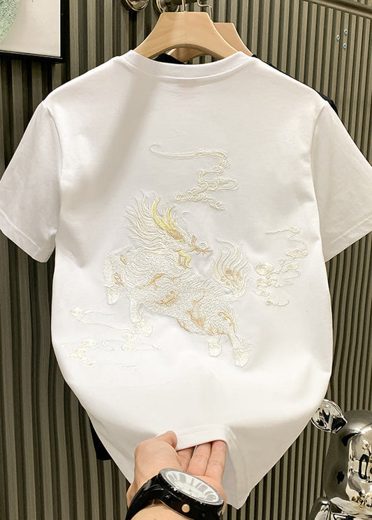 Mens Shirts Neck Oriental T O Summer Cotton Embroideried White