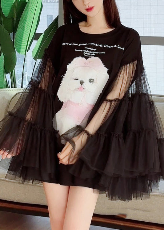 Original Black Print Tulle Patchwork T Shirt Dress Long Sleeve UU1021