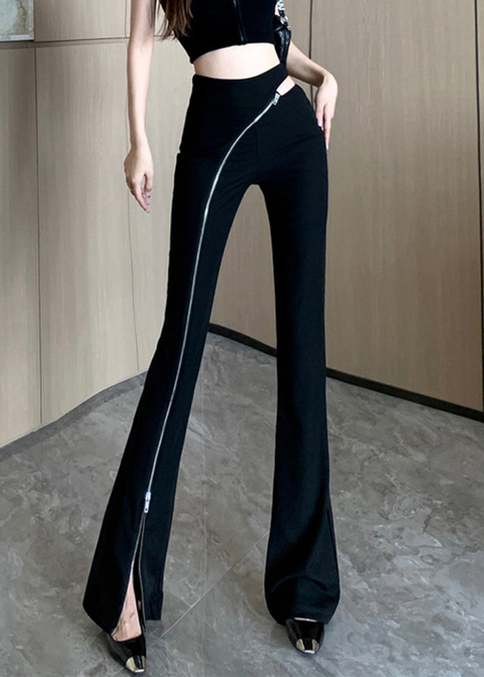 Pantalon en coton noir à fermeture éclair et évasé sur le côté, original et ouvert