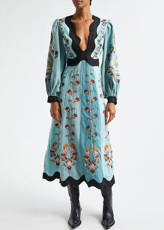 Baumwolle V Lange Original Kleid Druck Hals Frühling Blau Rückenfrei