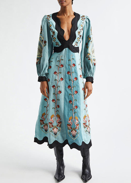 Baumwolle V Lange Original Kleid Druck Hals Frühling Blau Rückenfrei