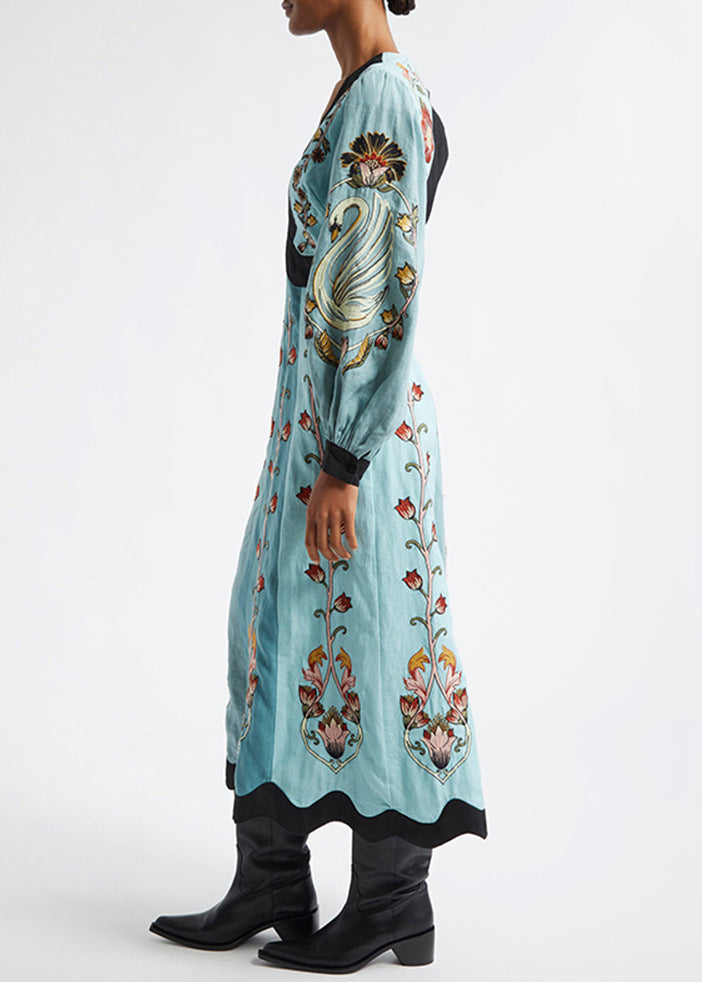 Baumwolle V Lange Original Kleid Druck Hals Frühling Blau Rückenfrei