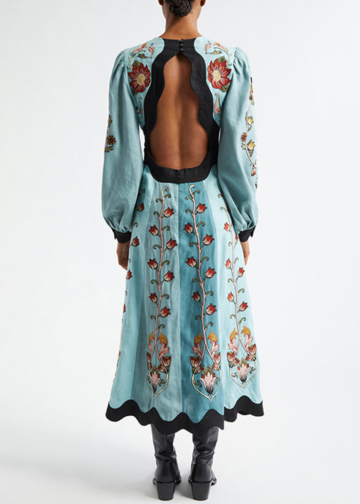 Baumwolle V Lange Original Kleid Druck Hals Frühling Blau Rückenfrei