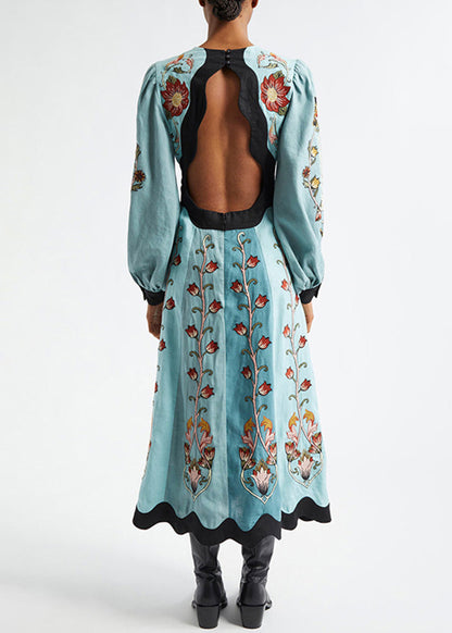 Baumwolle V Lange Original Kleid Druck Hals Frühling Blau Rückenfrei
