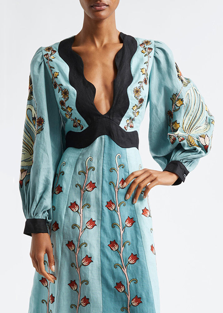 Baumwolle V Lange Original Kleid Druck Hals Frühling Blau Rückenfrei