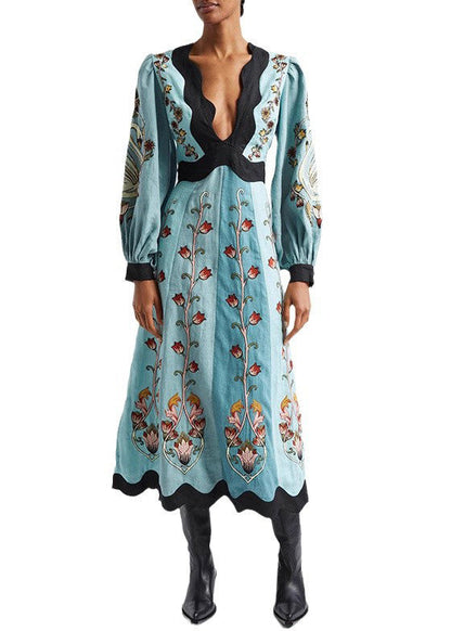 Baumwolle V Lange Original Kleid Druck Hals Frühling Blau Rückenfrei