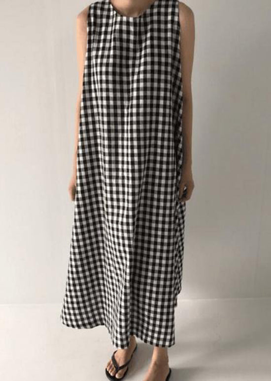 Original Design Schwarz O Neck Plaid Baumwolle Langes Kleid Ärmelloses AP040