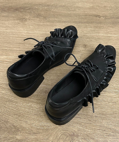 Original Design Black Ruffled Lace Up Splicing Flat Feet Shoes YC022