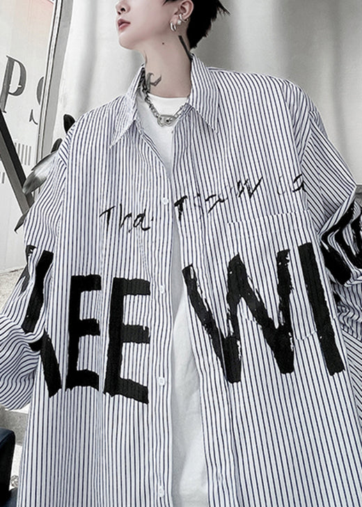 Original Design Schwarz Gestreiften Grafik Baumwolle Männer Shirts Herbst RO013