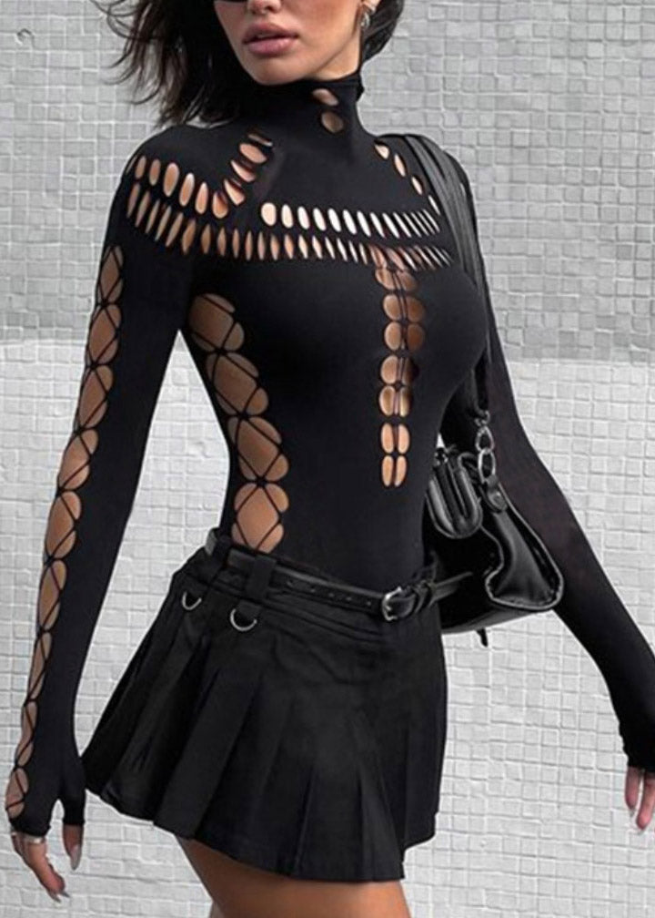 Black Original Turtleneck Tulle Hollow Out Bodysuit Design