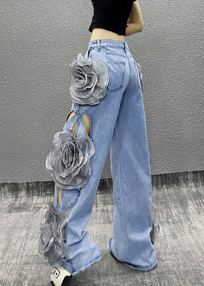 Original Design Blue Hollow Out Floral Denim Wide Leg Pants Fall RI035