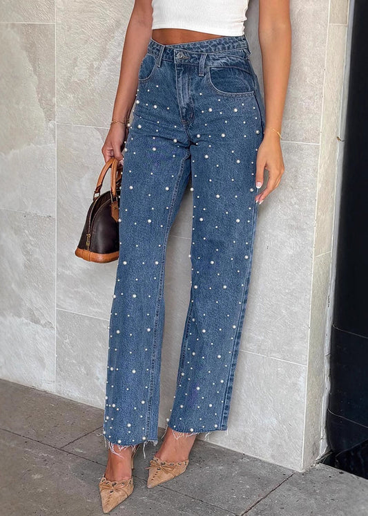 Pantalon à poches en denim bleu avec perles et clous, design original de printemps