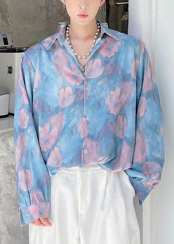 Original Design Blau Druck Männer Hawaiian Shirts Lange Ärmeln HG036