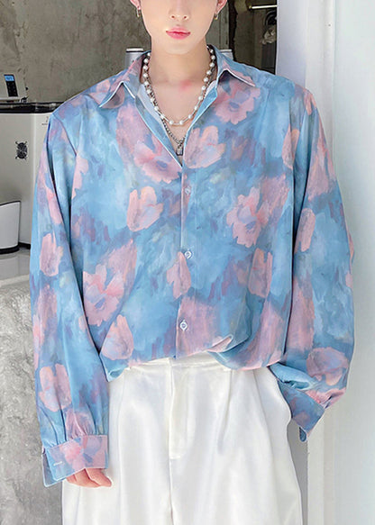 Original Design Blau Druck Männer Hawaiian Shirts Lange Ärmeln HG036