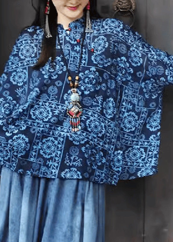 Original Design Blue Stand Collar Print Button Top Fall UU023