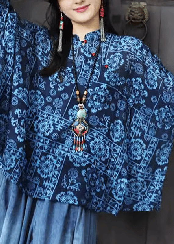 Original Design Blue Stand Collar Print Button Top Fall UU023