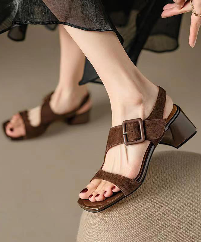 Original Design Brown Cowhide Leather Hollow Out Chunky Heel Sandals JJ081