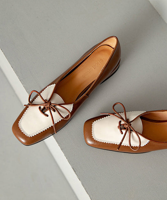 Original Cowhide Splicing Up Flats Leather Design Lace Brown