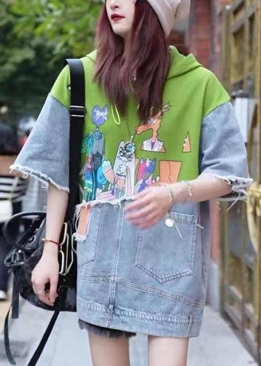 Original Design Grün Cartoon Print Denim Patchwork Mit Kapuze Tops Sommer BV039