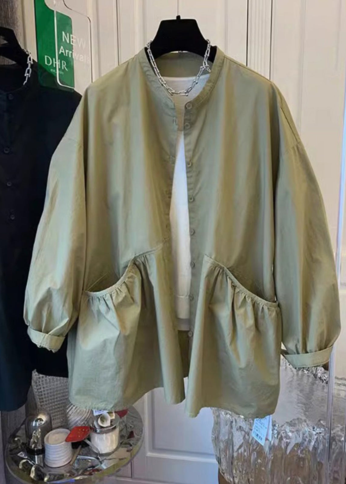 Manteau en coton vert à poches et boutons, design original, printemps TI035