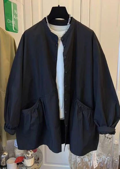 Manteau en coton vert à poches et boutons, design original, printemps TI035