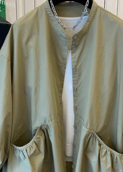 Manteau en coton vert à poches et boutons, design original, printemps TI035