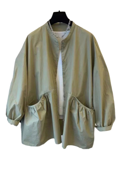 Manteau en coton vert à poches et boutons, design original, printemps TI035