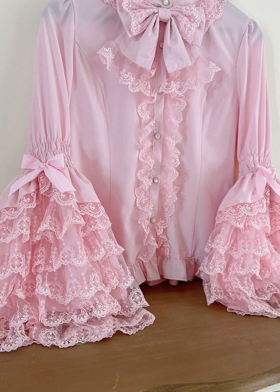 Rosa Shirt Design Ärmel Spitze Süße Original Flare Patchwork