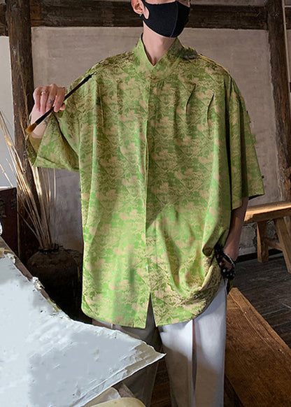 Chemise d'été originale en soie glacée à imprimé vert et col montant pour homme YT076