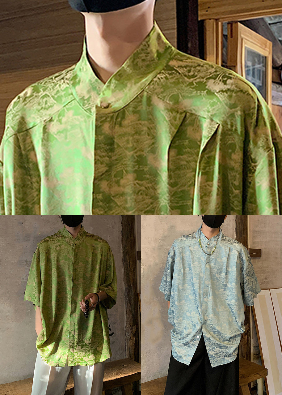 Original Green Stand Collar Print Ice Silk Mens Shirt Summer YT076