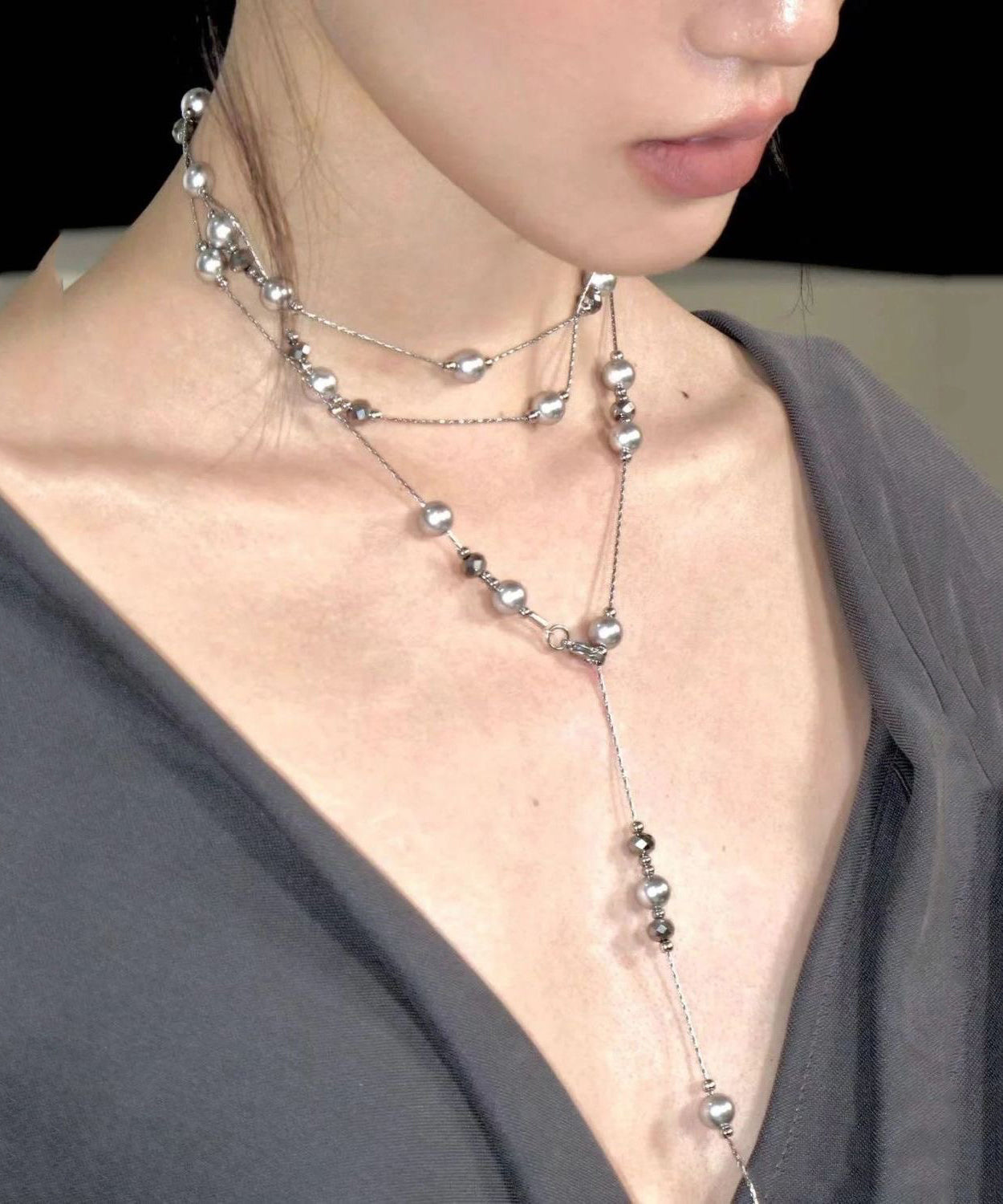 Sterling Silver Grey Bead Gratuated Necklace Original Pearl