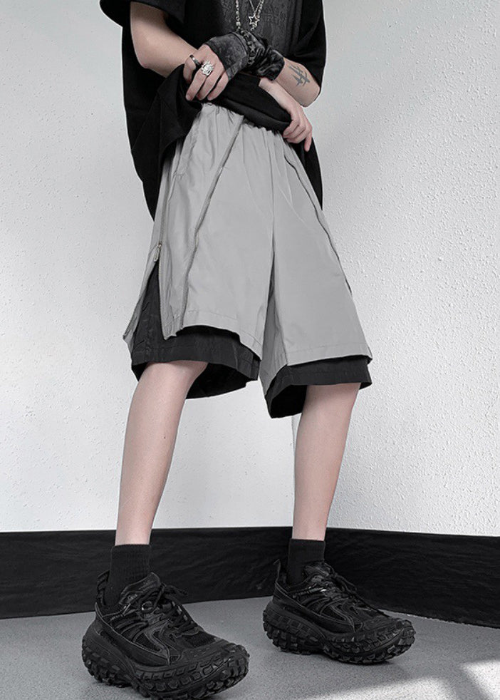 Short d'été deux pièces zippé en coton gris original pour homme