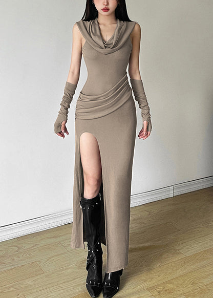 Open Summer Khaki Baumwolle Kapuzenkleid mit seitlichen Falten Original