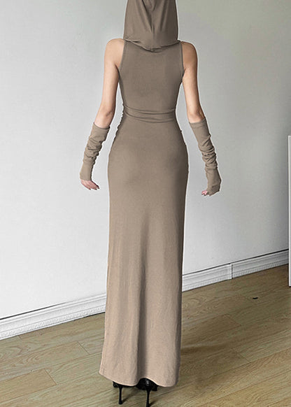 Open Summer Khaki Baumwolle Kapuzenkleid mit seitlichen Falten Original