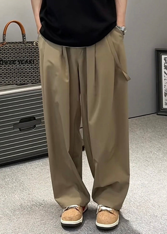 Pantalon large original en soie kaki avec poches à glace et élastique pour homme